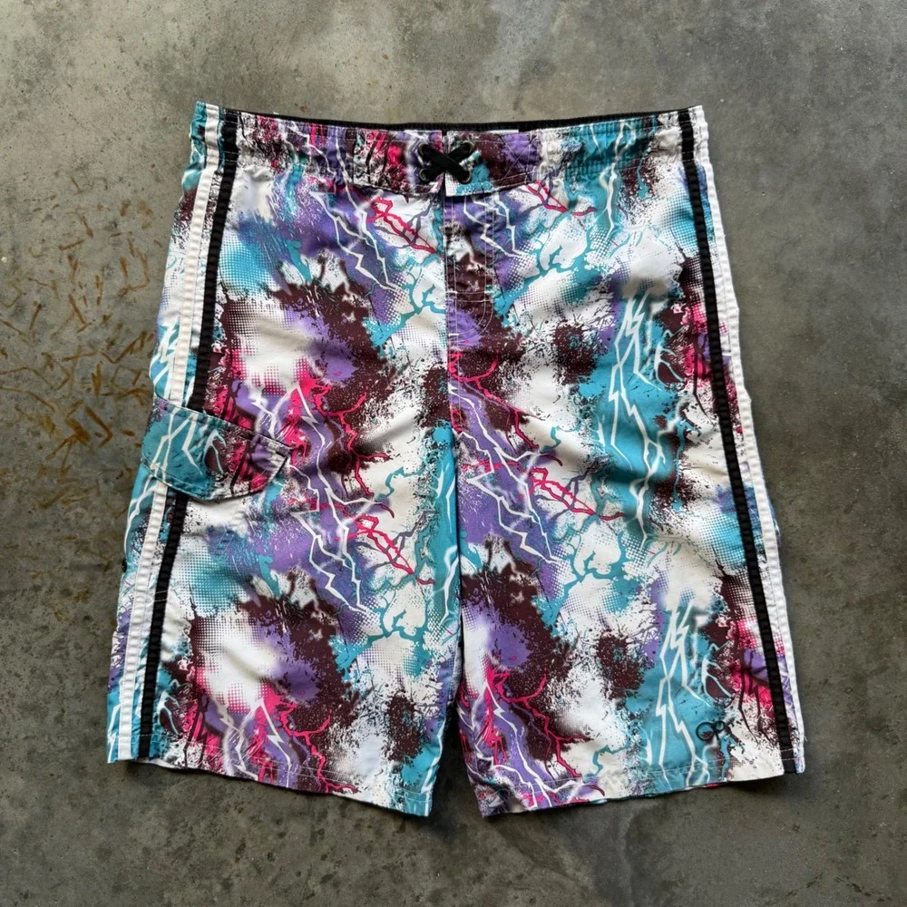 Ocean Pacific Mens Lightning Bolt Board Shorts Aqua Falls Swim Trunks Small 32